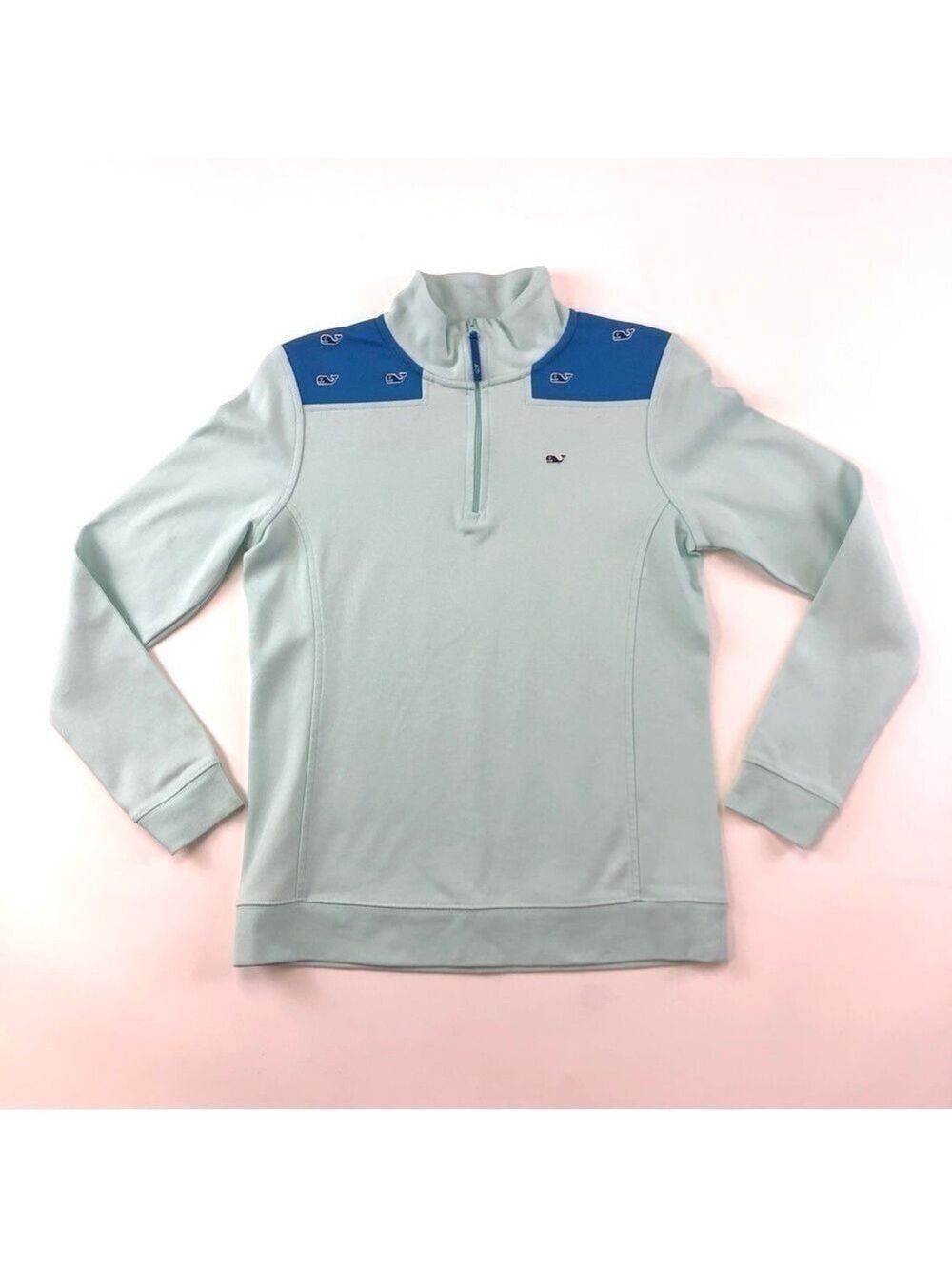 Vineyard Vines mint quarter zip mini whale blue yoke pullover XS